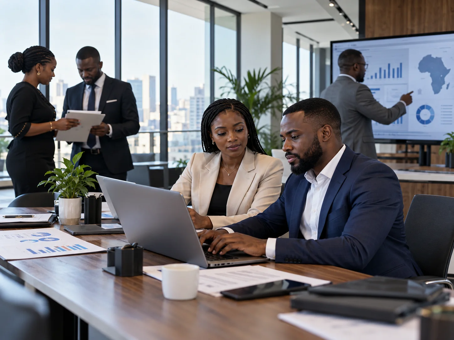Illustrative African team collaborating in a corporate office