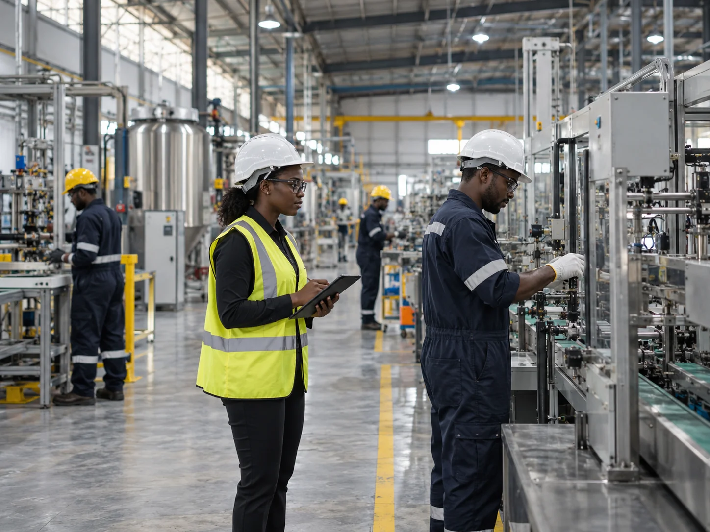 Illustrative industrial manufacturing plant with African engineers and machinery