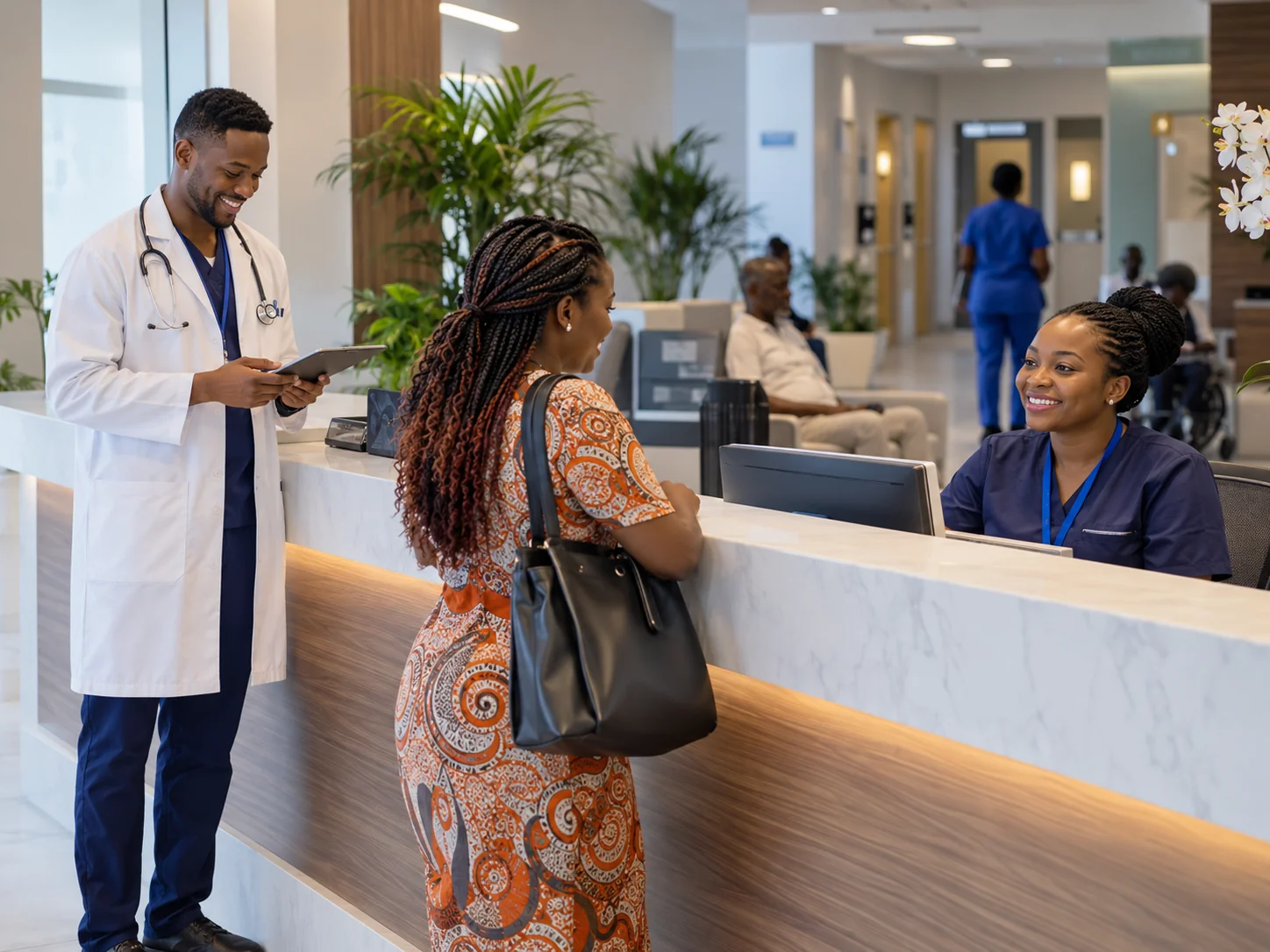 Illustrative clean hospital reception with African healthcare staff and patient