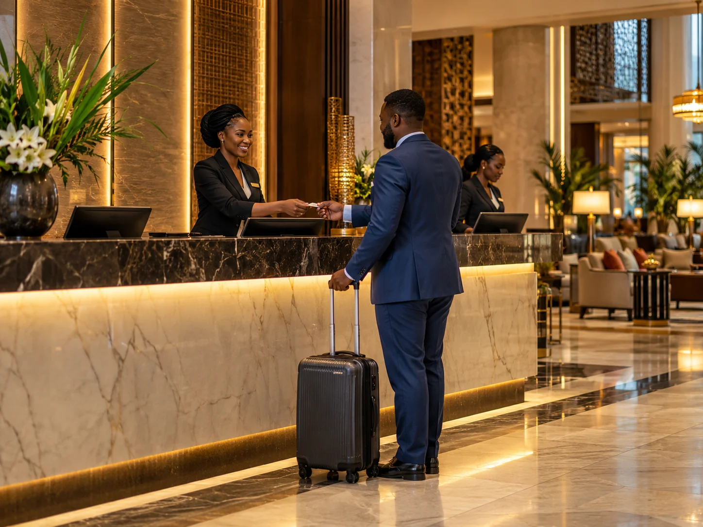 Illustrative premium hotel lobby with African reception staff serving a guest