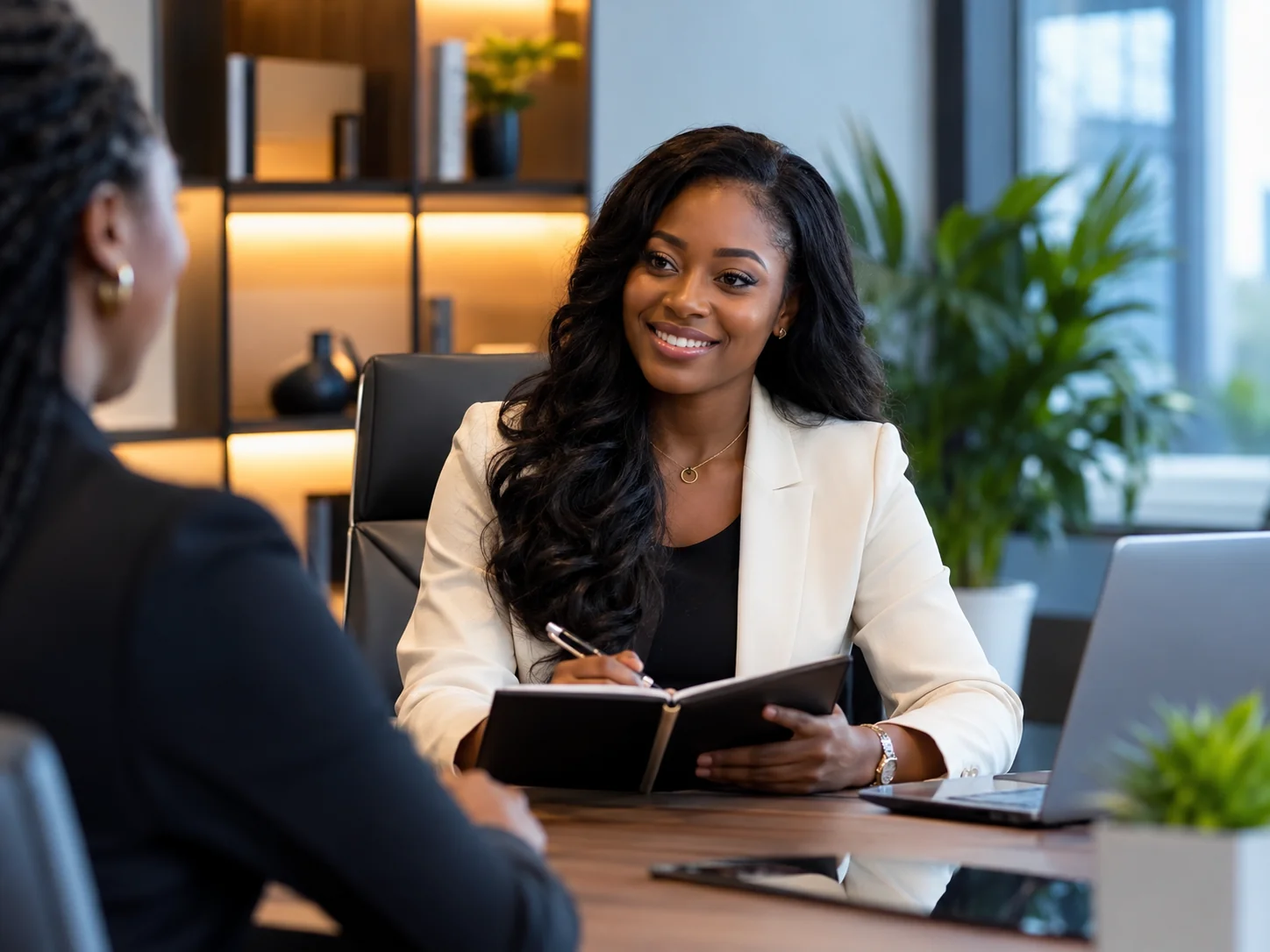 Illustrative African female HR manager interviewing a colleague in a professional office
