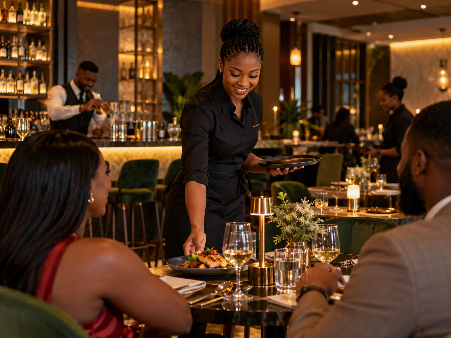 Illustrative upscale restaurant service in an African dining venue